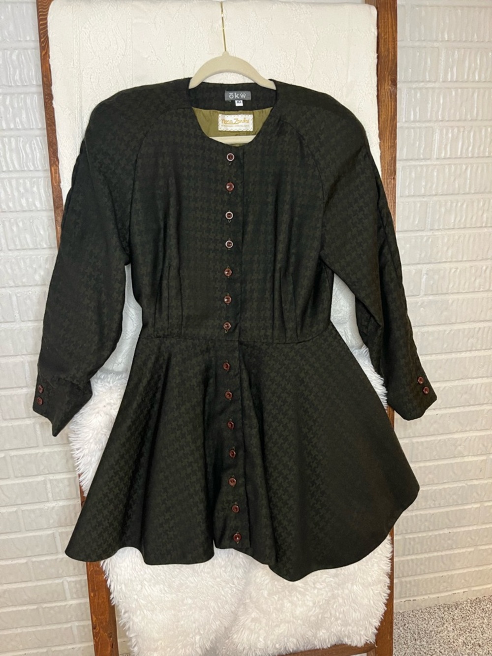Vintage OKW Peplum Jacket - Black Houndstooth - Size 10